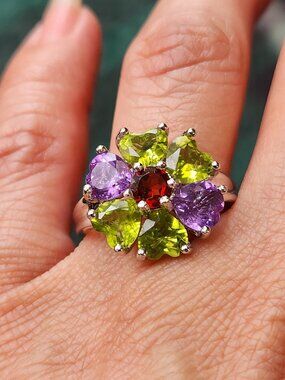 Chunky But Funky! 925 Peridot Amethyst & Garnet Heart Floral Cluster Ring Sz 9